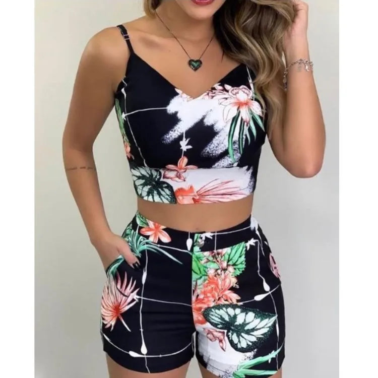 Two Pieces Suit Women's 2022 Summer Holiday Sleeveless Floral Print Top Pants Set Loungewear Shorts Casual Outfits With Belt