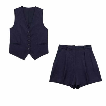 TRAFZA Women Pant Sets Vintage Solid Single Breasted V Neck Waistcoat Tops + Slim Zipper Fly Shorts Summer Office Lady Suits