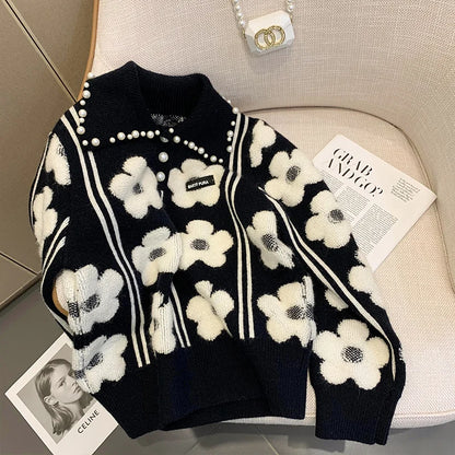 Pearl Beading Floral Knitted Women Sweater Tops   Autumn Winter Vintage Elegant Ladies Pullover Long Sleeve Fashion Jumpers