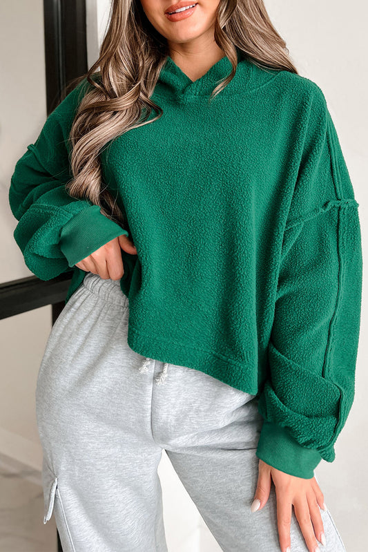 Dark Green Sherpa Fleece Drop Shoulder Hoodie