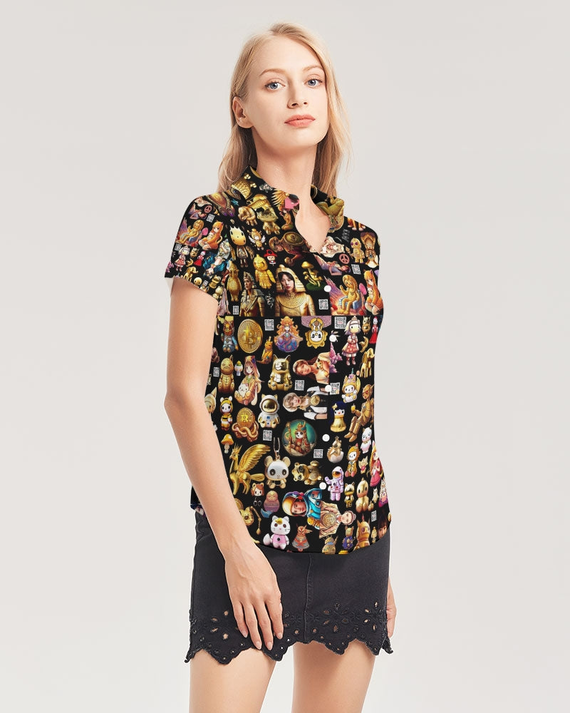 4 Annunaki Abstrak Collection Women's All-Over Print Short Sleeve Button Up