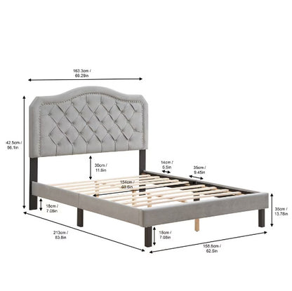 Easy To Assemble - Grey Velvet - Platform Bed - Queen