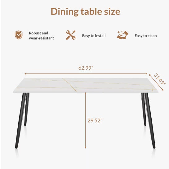 Dining Table Sintered Stone Marble Porcelain Table For Kitchen, Living Room, 63 Inch Golden White Table Only