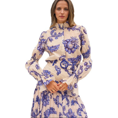 Stand Collar Printed Lantern Sleeve Shirt Pleated Skirt Suit Women