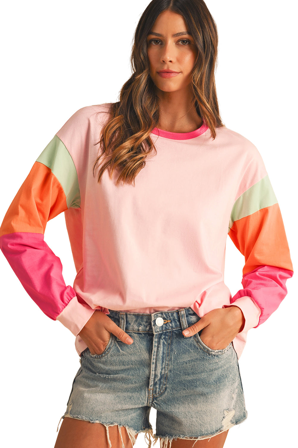 Light Blue Color Block Sleeve Loose Fit Top