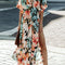 Floral Print V-neck High Slit Half Sleeve Shirred Maxi Dress HEDRPPCRC9