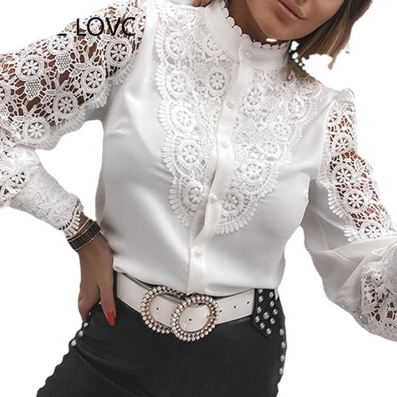 Fashion Lace Long Sleeve V Neck Button Shirt Women