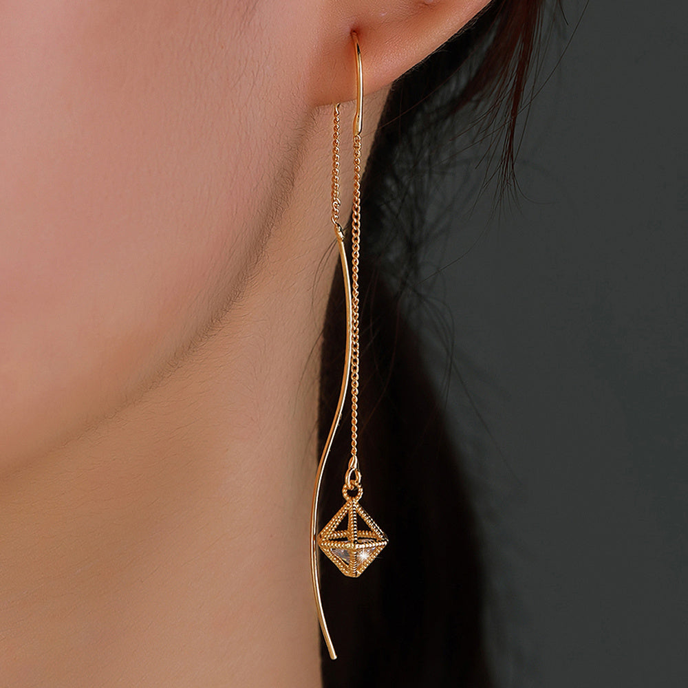 Gold Bronze Cutout Zircon Tassel Earrings