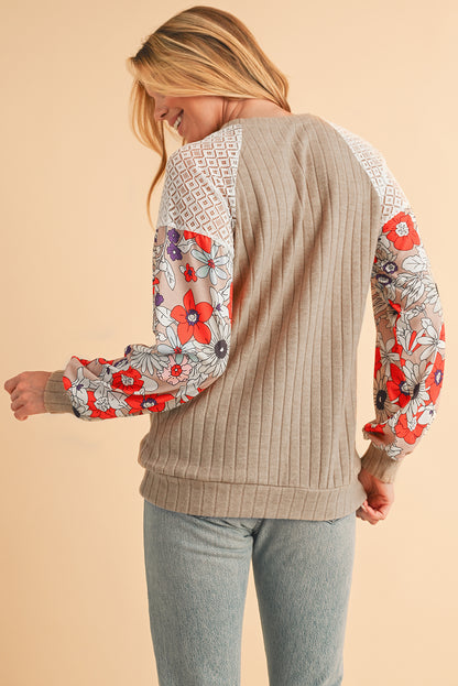 Black Floral Patchwork Raglan Sleeve Ribbed Top