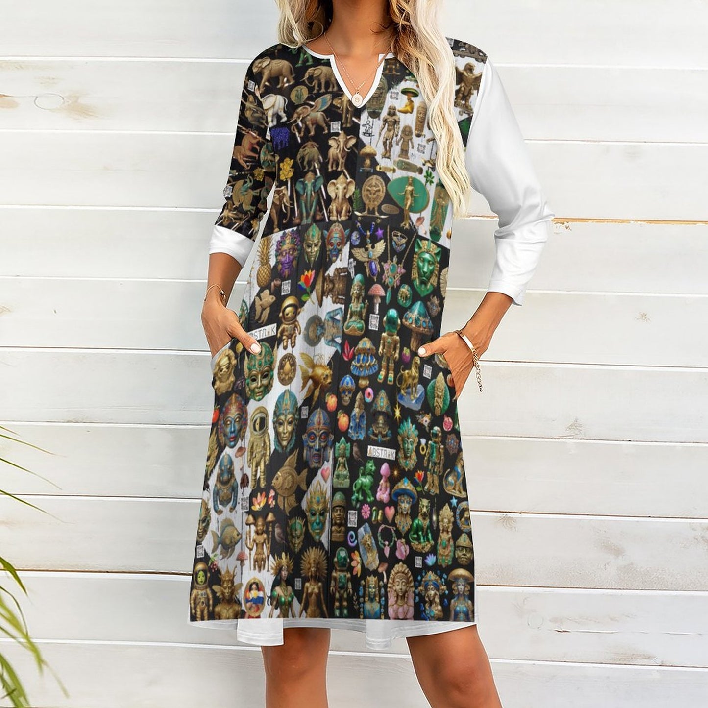 V-neck 3/4 Sleeve Dress with Pockets (All-Over Printing)