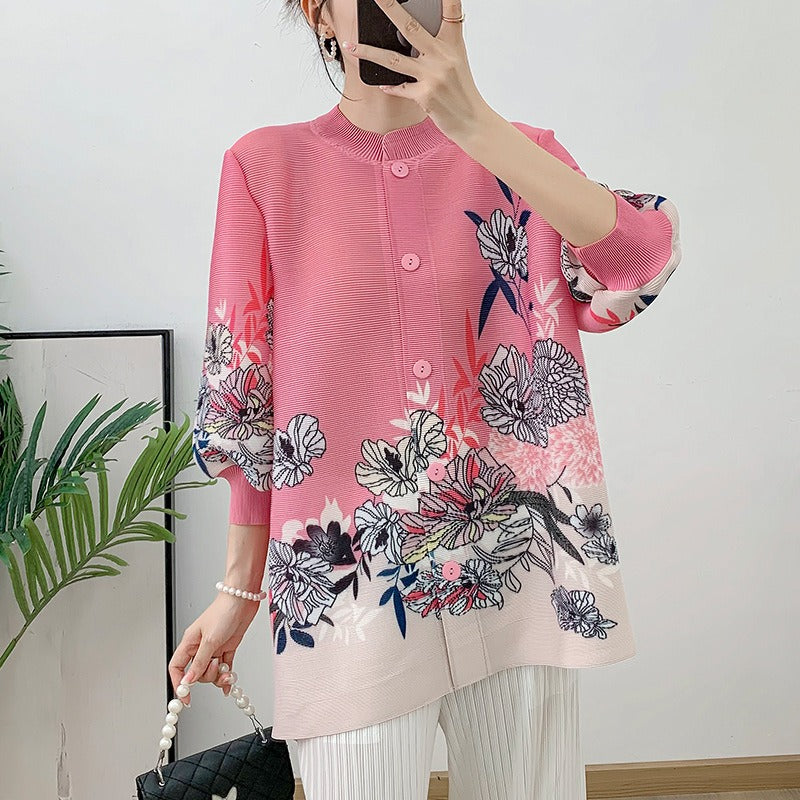 Pink pleated loose short top outerwear shirt for women