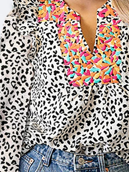 Ruffled Leopard Notched Long Sleeve Blouse