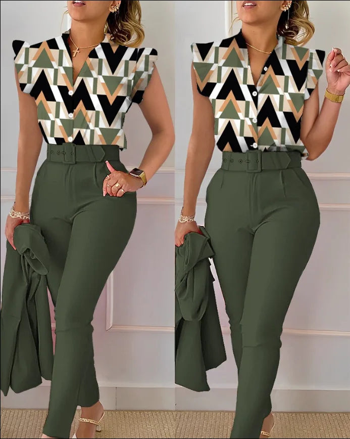 Womens Elegant Slim Two-Piece Sets Summer Fashion Print V Neck Button Flying Sleeve Shirt Top & Solid Long Pants Suits With Belt