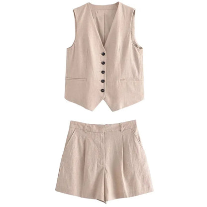 TRAFZA Women Pant Sets Vintage Solid Single Breasted V Neck Waistcoat Tops + Slim Zipper Fly Shorts Summer Office Lady Suits