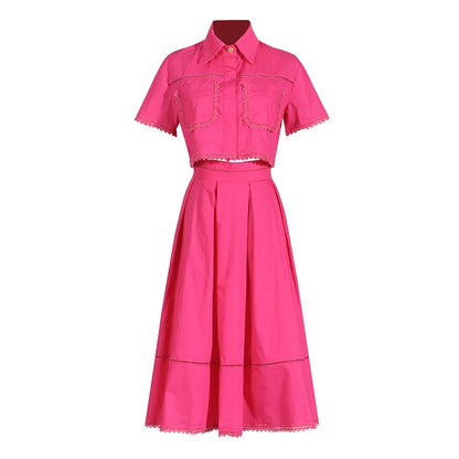 GALCAUR Elegant Two Piece Sets For Women Lapel Short Sleeve Tops High Waist A Line Pleated Skirts Solid Set Female Summer 2023