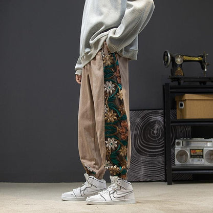 Japanese retro trendy oversized embroidered color blocking casual pants