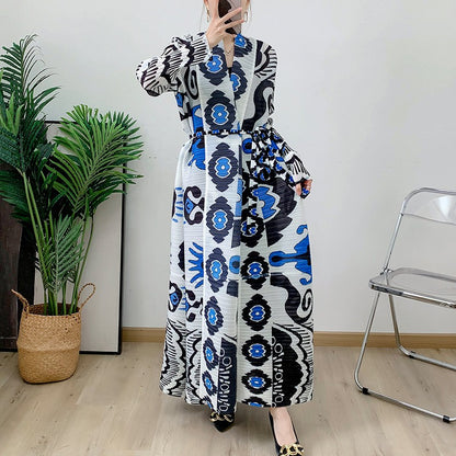 Robe pleated long sleeved coat outerwear cloak printed for women