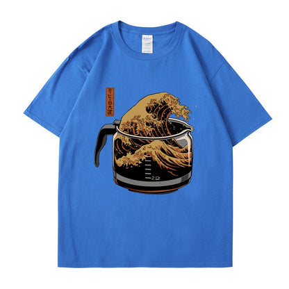 Short sleeved coffee wave print round neck T-shirt top