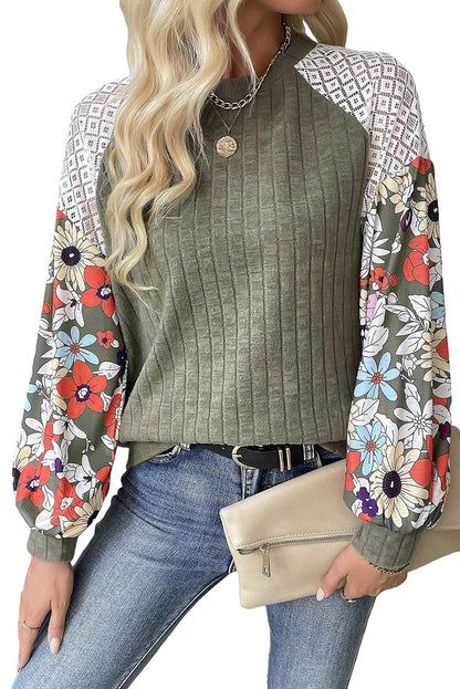 Black Floral Patchwork Raglan Sleeve Ribbed Top