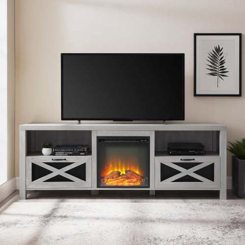 Industrial Farmhouse Metal Mesh Drop-Down X-Door  Fireplace TV Stand For TVs - Stone Grey