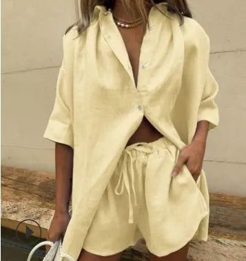 Casual Cotton Solid Color Sets Women Short Sleeve Loose Shirt Wide Leg Shorts Two Piece Set Woman Suits 2024 Summer Outfits