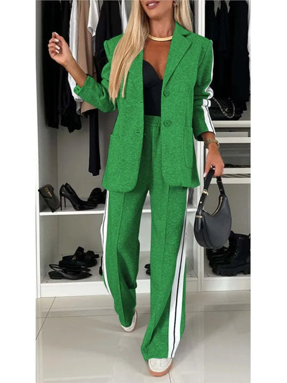 Autumn And Winter New Long Sleeves Suit Women's Suit Fashion Pimp Stitching Pants Pocket Female Office Blazer 2 Piece Set 2024