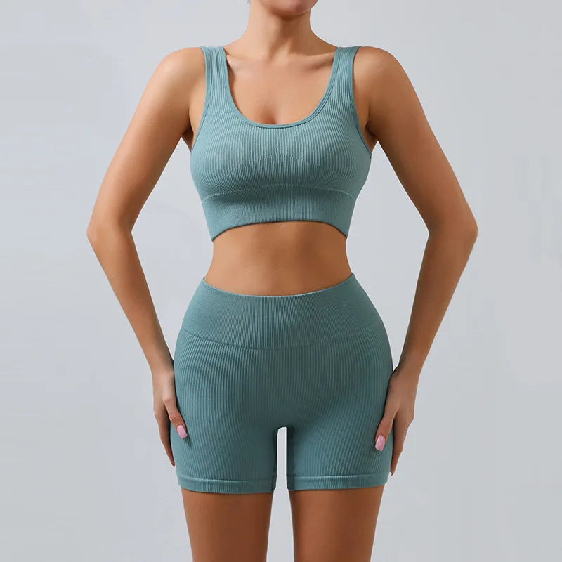 Fitness Running Seamless Ribbed Yoga Sets Workout Sets for Women 2 Pieces Gym Suits Ribbed Crop Tank High Waist Shorts Outfits