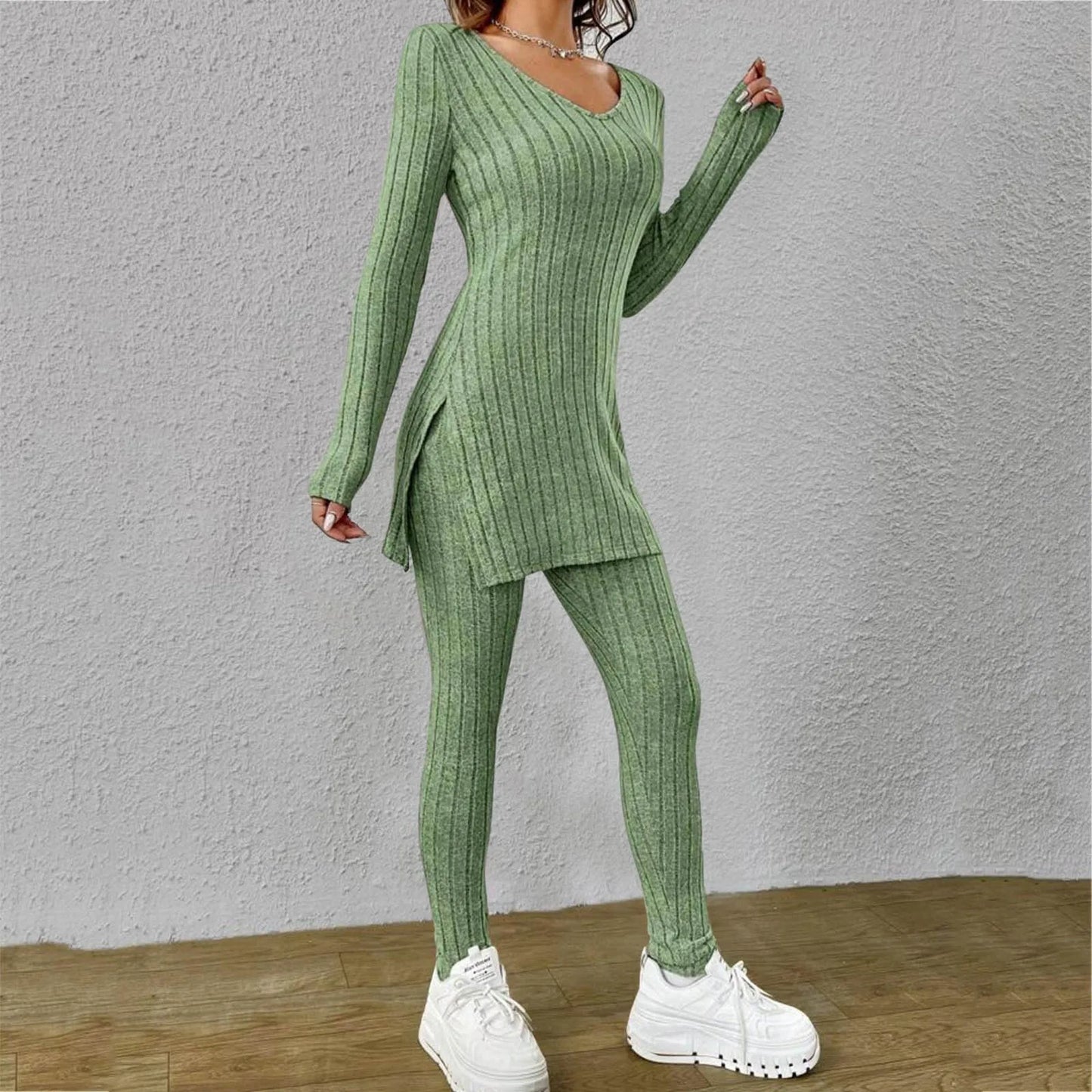 Spring Fashion Knit Suits 2024 Casual Loose Pullover+Elastic Long Pants Print Knitted Solid Color Two Pieces Sets Clothing