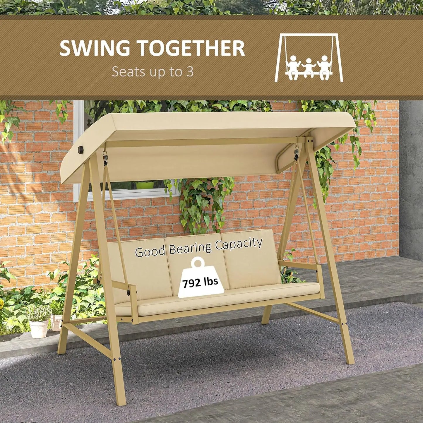 3-Seat Outdoor Porch Swing with Stand, Heavy Duty Patio Swing Chair with Adjustable Canopy, Cushions, Breathable Mesh Seat