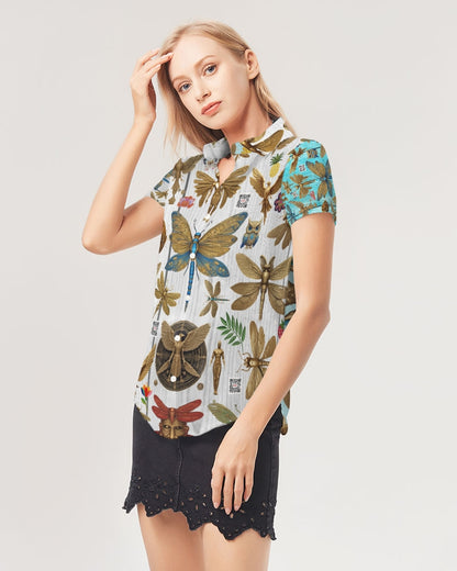 Abstrak dragonfly Women's All-Over Print Short Sleeve Button Up