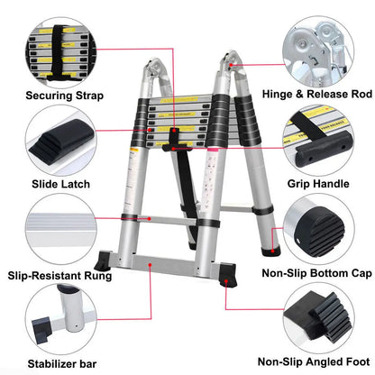 DayPlus 2.6M-5M Telescopic Ladder Sturdy Aluminum Telescoping Extension Ladder 330lb Max Load EN131 for Household Outdoor Work