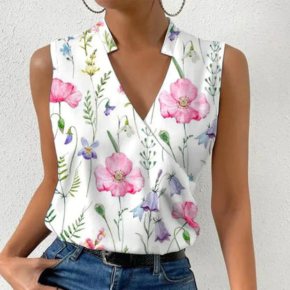 Fashion V-neck Sleeveless Print Women Tops And Blouses 2023 Summer Casual White Tank Top Femme Shirt Blouse