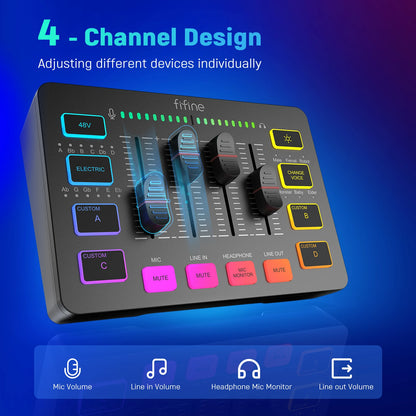 FIFINE Gaming Audio Mixer,Streaming 4-Channel RGB Mixer with XLR Microphone Interface,for Game Voice,Podcast,AmpliGame SC3