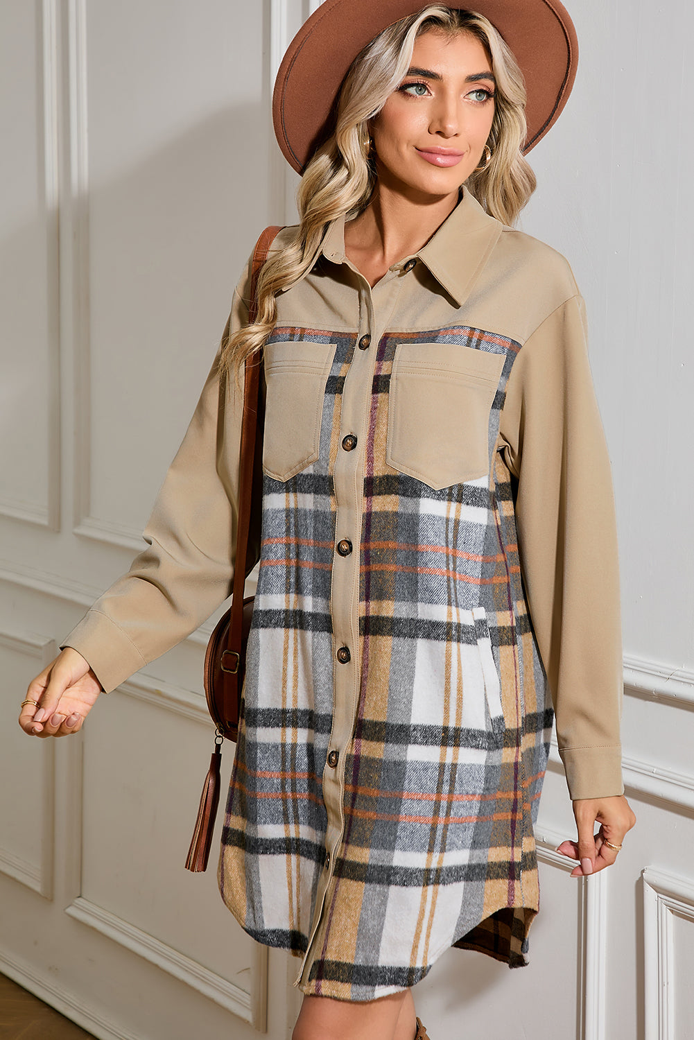 Khaki Plaid Patchwork Long Sleeve Jacket