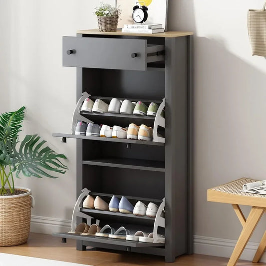 Shoe Rack with 2 Flip Drawers, Wood Grain Pattern Top Shoe Cabinet, Free Standing Shoe Rack, Adjustable Panels