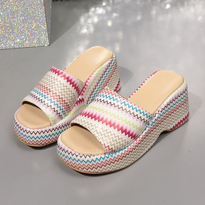 Fashion Colorful Wave Print Wedges Sandals Summer Outdoor High Heel Slippers Thick Bottom Shoes For Women