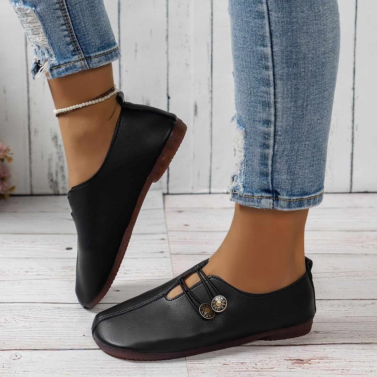 Casual Square Toe Flats Shoes Fashion Slip-on Button Loafers Women Shoes