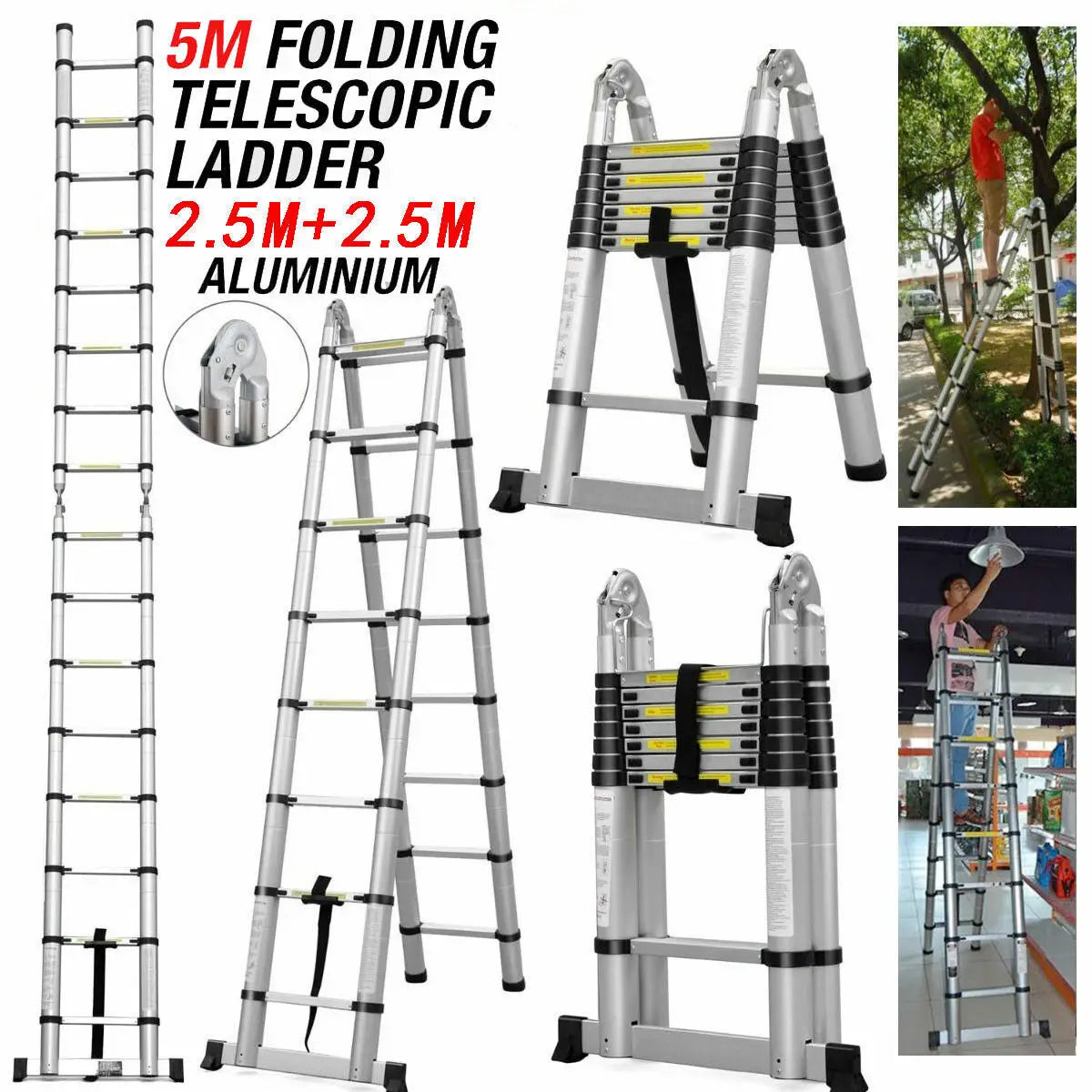 DayPlus 2.6M-5M Telescopic Ladder Sturdy Aluminum Telescoping Extension Ladder 330lb Max Load EN131 for Household Outdoor Work