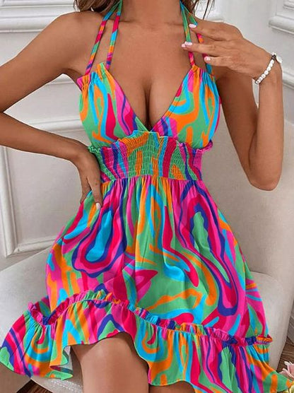 Deep V Neck Halter Printed Backless Dresses HEHEZ54W29