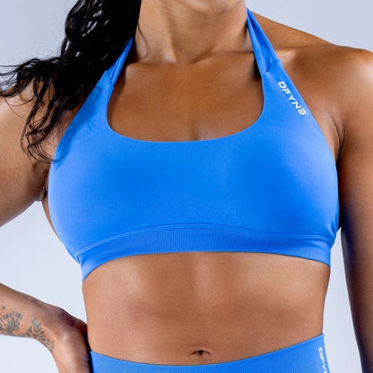 Dfyne Impact Sports Bra With Logo Women Seamless Halter Neck Strap Bra Padded Open Back Yoga Top Bra Medium Support Gym Crop Top