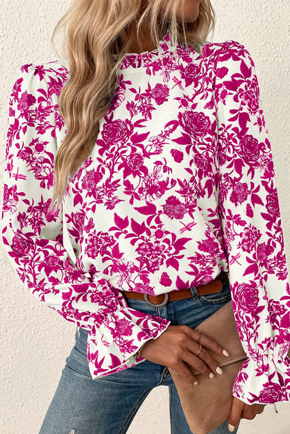 Printed Mock Neck Flounce Sleeve Blouse