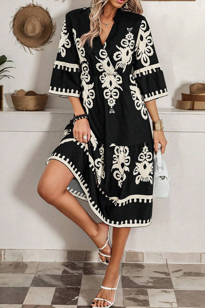 Black Ethnic Print 3/4 Sleeve Loose Midi Dress