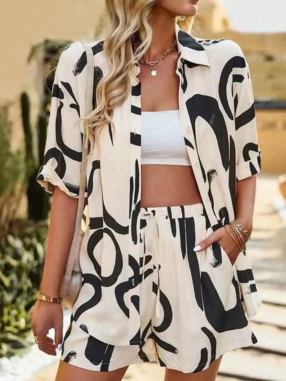 Casual Beach Holiday Loose Shirt Short Sets Bohemian Geometric Print Two Piece Set For Women Summer Outfits For Women 2023