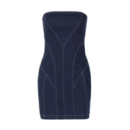 Fashionable and sexy slim fit strapless denim dress with wrapped buttocks