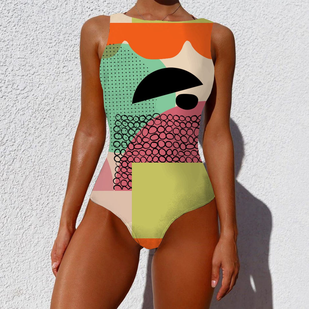 One-piece Fashion Vintage Abstract Print Lady Swimsuit Women Sleeveless Round Neck Bikini Swimwear Summer Push Up Swimsuit