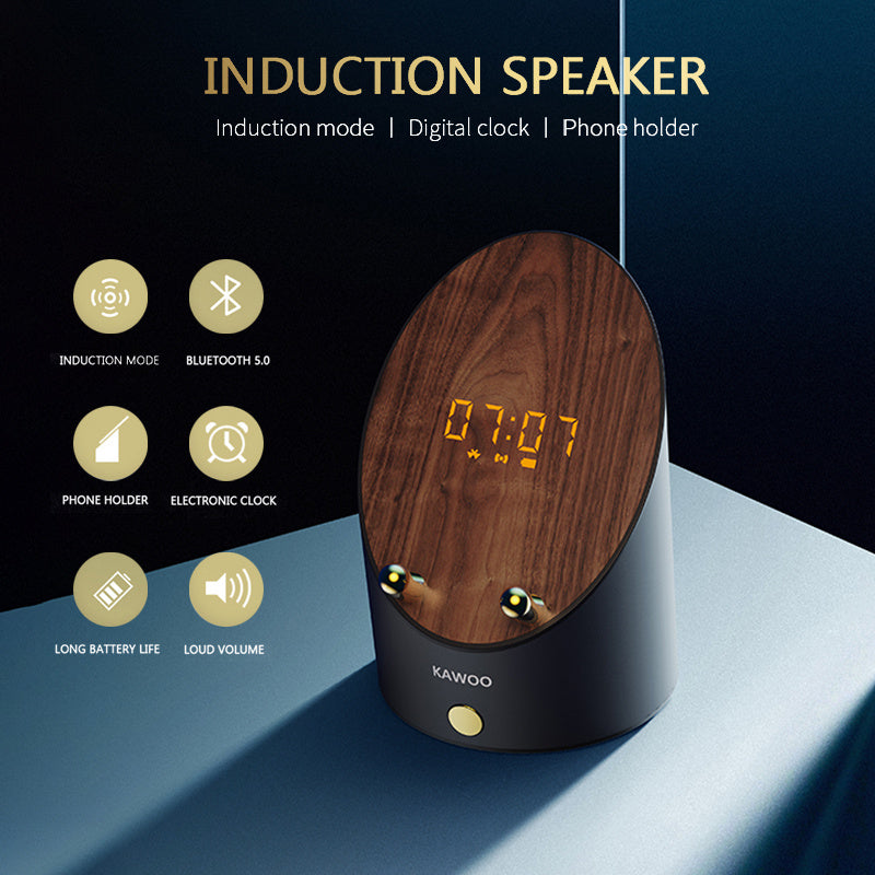 Wooden Speaker Smart Induction Speaker Phone Holder Portable Mini Desktop Wireless Alarm Clock Bluetooth Speaker