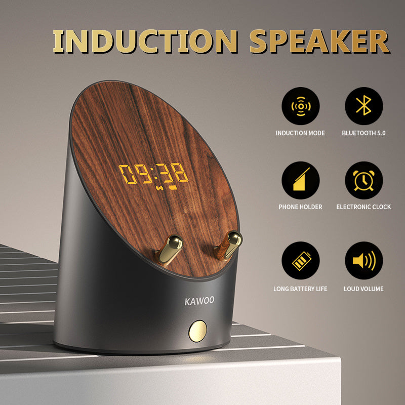 Wooden Speaker Smart Induction Speaker Phone Holder Portable Mini Desktop Wireless Alarm Clock Bluetooth Speaker