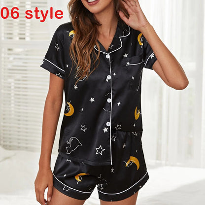 Summer Satin Women Pajams Print V-Neck Stretch Lingerie Female Sleepwear Casual Shorts Set Loungewear Women