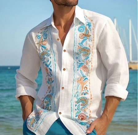 Fashion Print Long Sleeve Shirt Men Casual Loose Button Lapel Tops Seaside Cool Beach Shirt