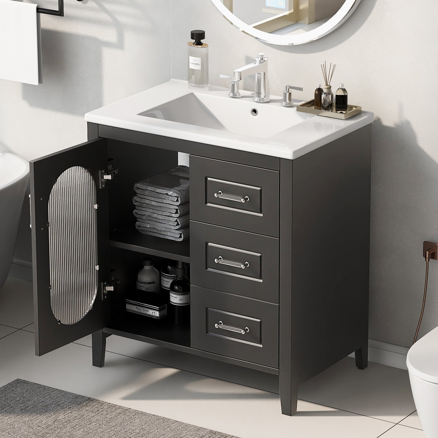 30" Bathroom Vanity with Sink, Bathroom Vanity Cabinet with Two Drawers and Door, Adjustable Shelf, Solid Wood and MDF, Black